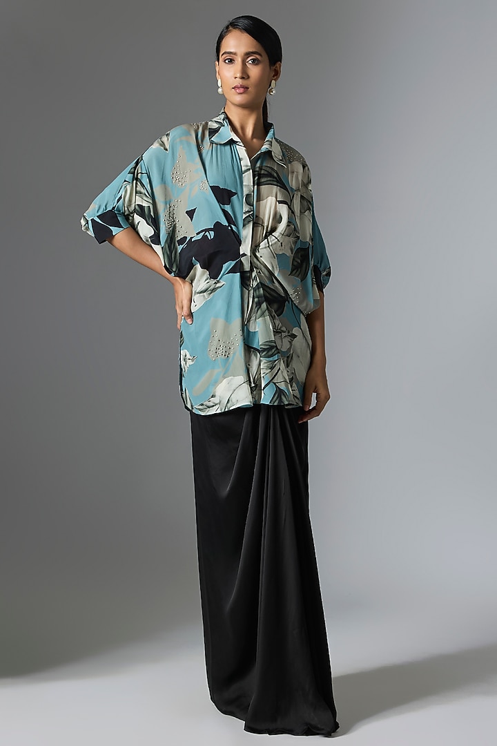 Black Satin Printed & Embellished Skirt Set by Nupur Kanoi at Pernia's Pop Up Shop