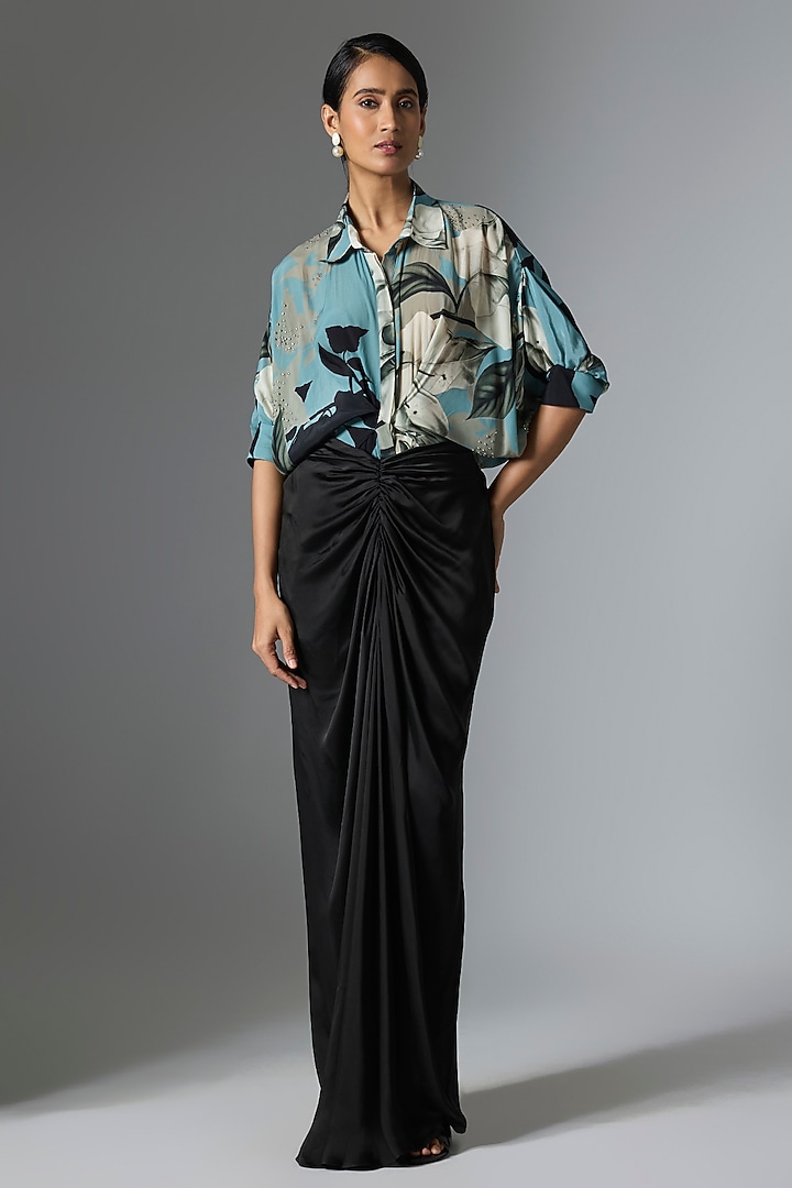 Black Satin Printed & Embellished Skirt Set by Nupur Kanoi at Pernia's Pop Up Shop