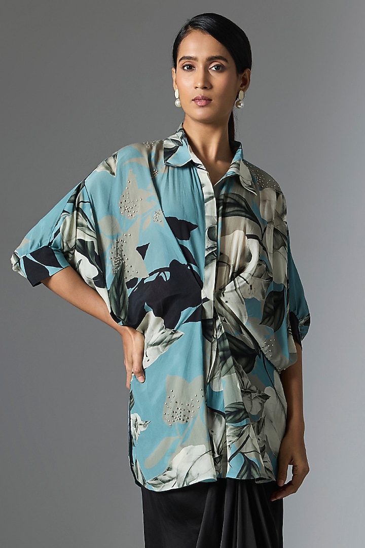 Black Satin Printed & Embellished Skirt Set by Nupur Kanoi at Pernia's Pop Up Shop