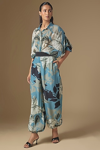 Sky Blue Crepe Digital Printed Pant Set by Nupur Kanoi