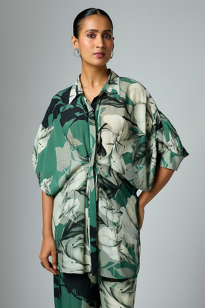 Teal Crepe Printed Co-Ord Set by Nupur Kanoi at Pernia's Pop Up Shop