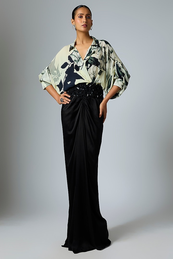 Ivory & Black Satin Printed Trail Cocktail Dress by Nupur Kanoi at Pernia's Pop Up Shop