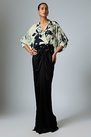 Ivory & Black Satin Printed Trail Dress by Nupur Kanoi