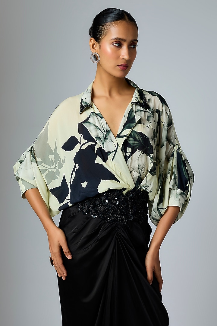 Ivory & Black Satin Printed Trail Cocktail Dress by Nupur Kanoi at Pernia's Pop Up Shop