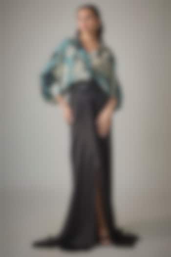 Sky Blue & Black Crepe Digital Printed & Embroidered Cocktail Dress by Nupur Kanoi at Pernia's Pop Up Shop