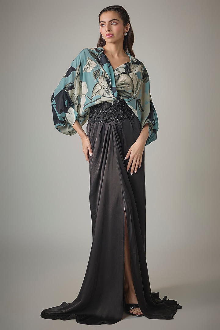 Sky Blue & Black Crepe Digital Printed & Embroidered Cocktail Dress by Nupur Kanoi at Pernia's Pop Up Shop