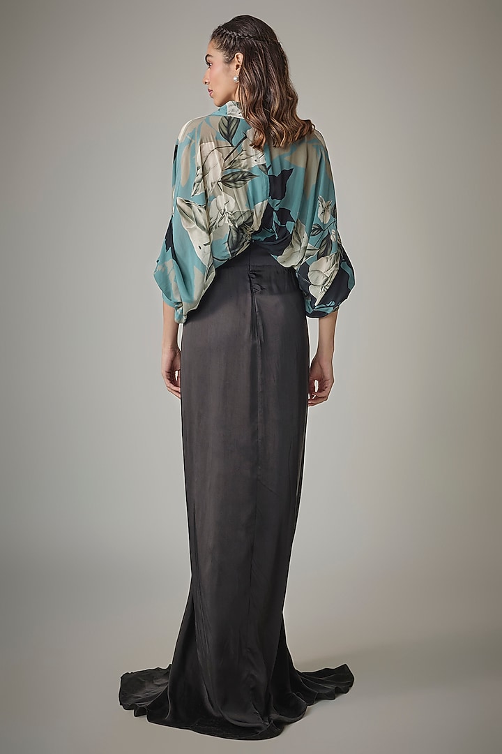 Sky Blue & Black Crepe Digital Printed & Embroidered Cocktail Dress by Nupur Kanoi at Pernia's Pop Up Shop