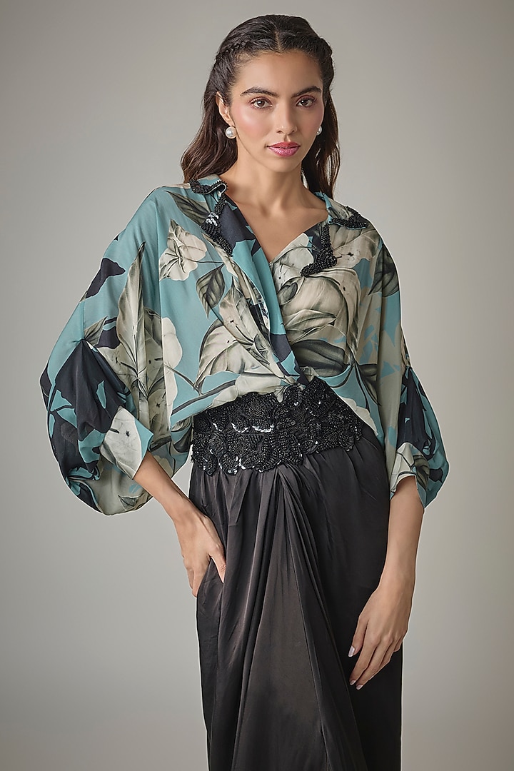 Sky Blue & Black Crepe Digital Printed & Embroidered Cocktail Dress by Nupur Kanoi at Pernia's Pop Up Shop