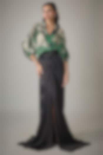 Teal & Black Crepe Digital Printed & Embroidered Cocktail Dress by Nupur Kanoi at Pernia's Pop Up Shop