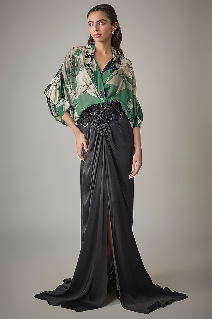 Teal & Black Crepe Digital Printed & Embroidered Cocktail Dress by Nupur Kanoi at Pernia's Pop Up Shop