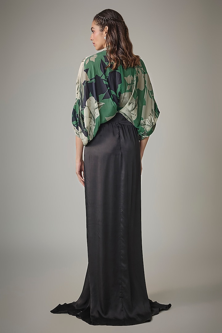 Teal & Black Crepe Digital Printed & Embroidered Cocktail Dress by Nupur Kanoi at Pernia's Pop Up Shop