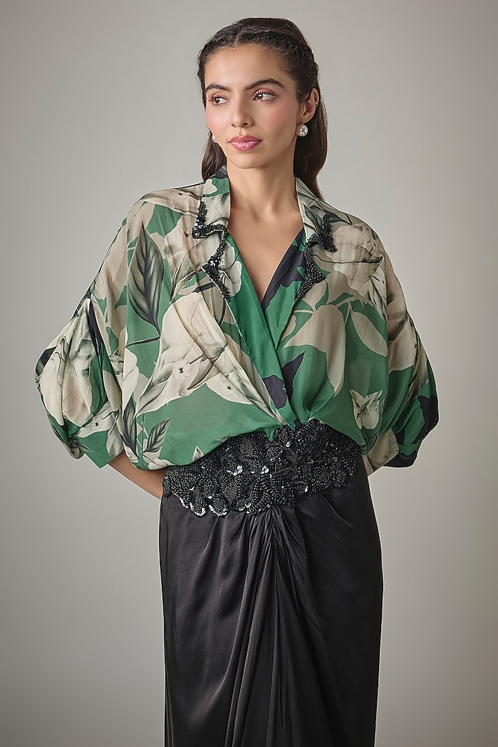 Teal & Black Crepe Digital Printed & Embroidered Cocktail Dress by Nupur Kanoi at Pernia's Pop Up Shop