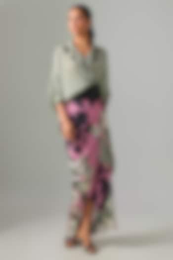 Old Rose Crepe & Satin Printed Peplum Cocktail Shirt Dress by Nupur Kanoi at Pernia's Pop Up Shop