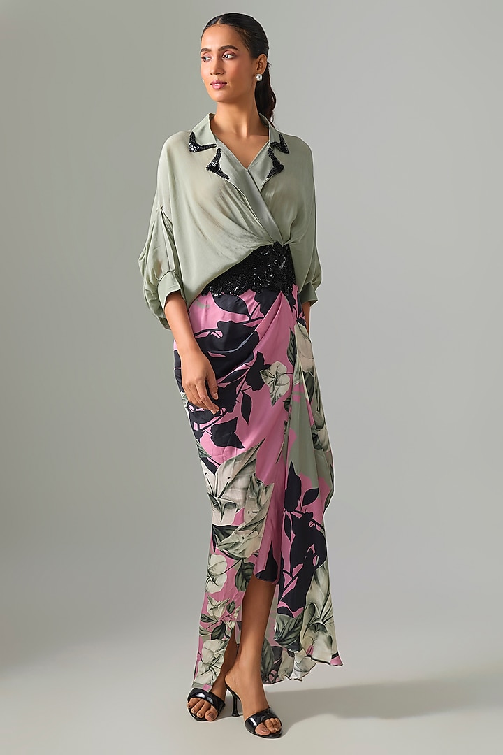 Old Rose Crepe & Satin Printed Peplum Cocktail Shirt Dress by Nupur Kanoi at Pernia's Pop Up Shop