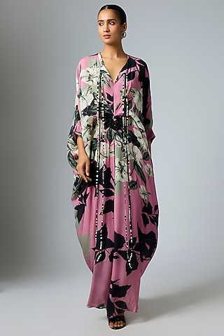 Old Rose Crepe Printed Kaftan Dress by Nupur Kanoi
