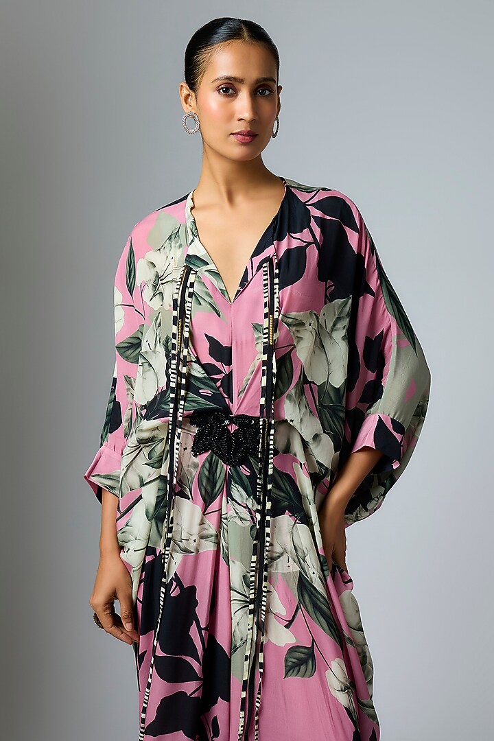 Old Rose Crepe Printed Kaftan Cocktail Dress by Nupur Kanoi at Pernia's Pop Up Shop