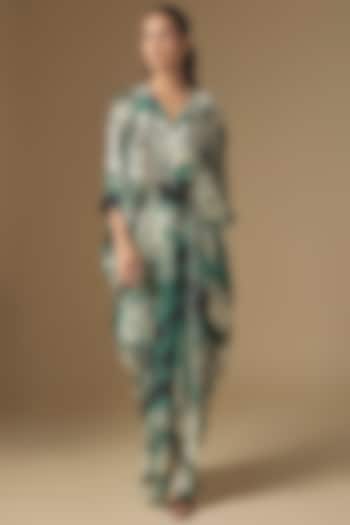 Teal Crepe Digital Printed Kaftan Cocktail Dress by Nupur Kanoi at Pernia's Pop Up Shop