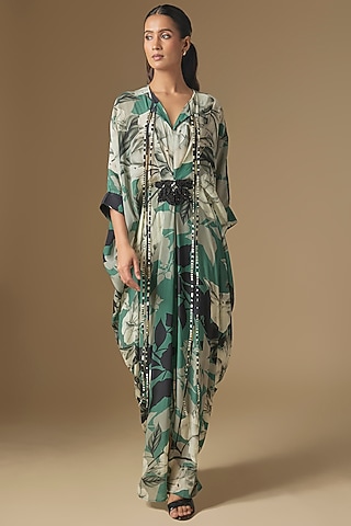 Teal Crepe Digital Printed Kaftan Dress by Nupur Kanoi