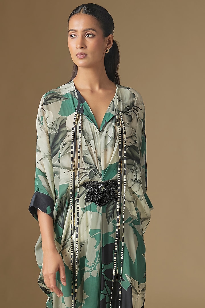 Teal Crepe Digital Printed Kaftan Cocktail Dress by Nupur Kanoi at Pernia's Pop Up Shop