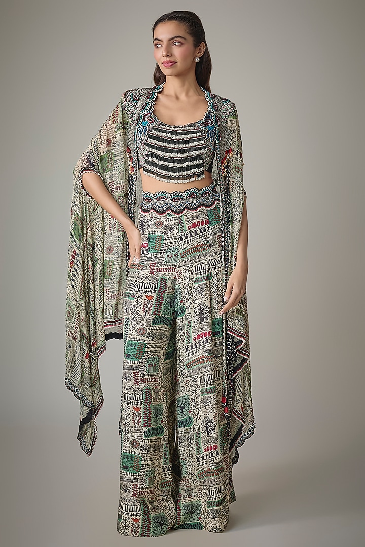 Ivory & Black Georgette Digital Printed Cape Set by Nupur Kanoi at Pernia's Pop Up Shop