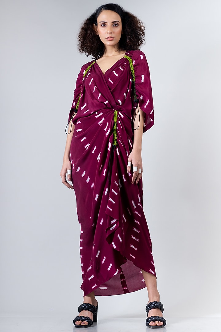 Burgundy Crepe Tie & Dye Gathered Vacation Dress by Nupur Kanoi at Pernia's Pop Up Shop
