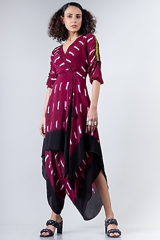 Burgundy Dhoti Jumpsuit With Wrap T-Shirt by Nupur Kanoi