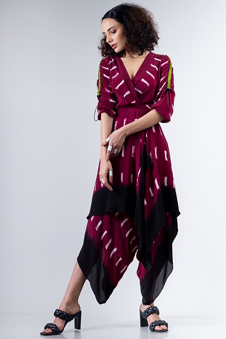 Burgundy Dhoti Jumpsuit With Wrap T-Shirt by Nupur Kanoi at Pernia's Pop Up Shop