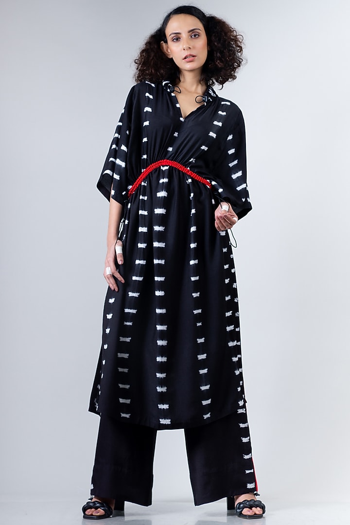 Black Crepe Tied & Dyed Gathered Kaftan Set by Nupur Kanoi at Pernia's Pop Up Shop