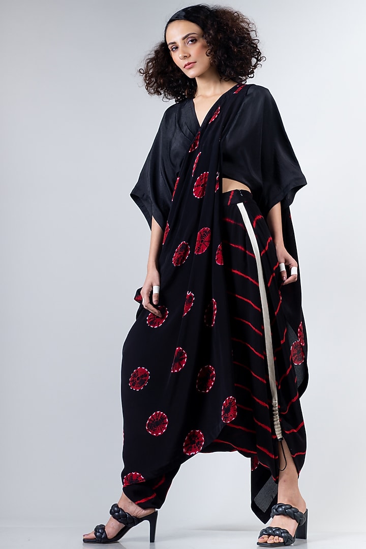 Black & Red Crepe Shibori Dhoti Pant Wedding Saree Set by Nupur Kanoi at Pernia's Pop Up Shop