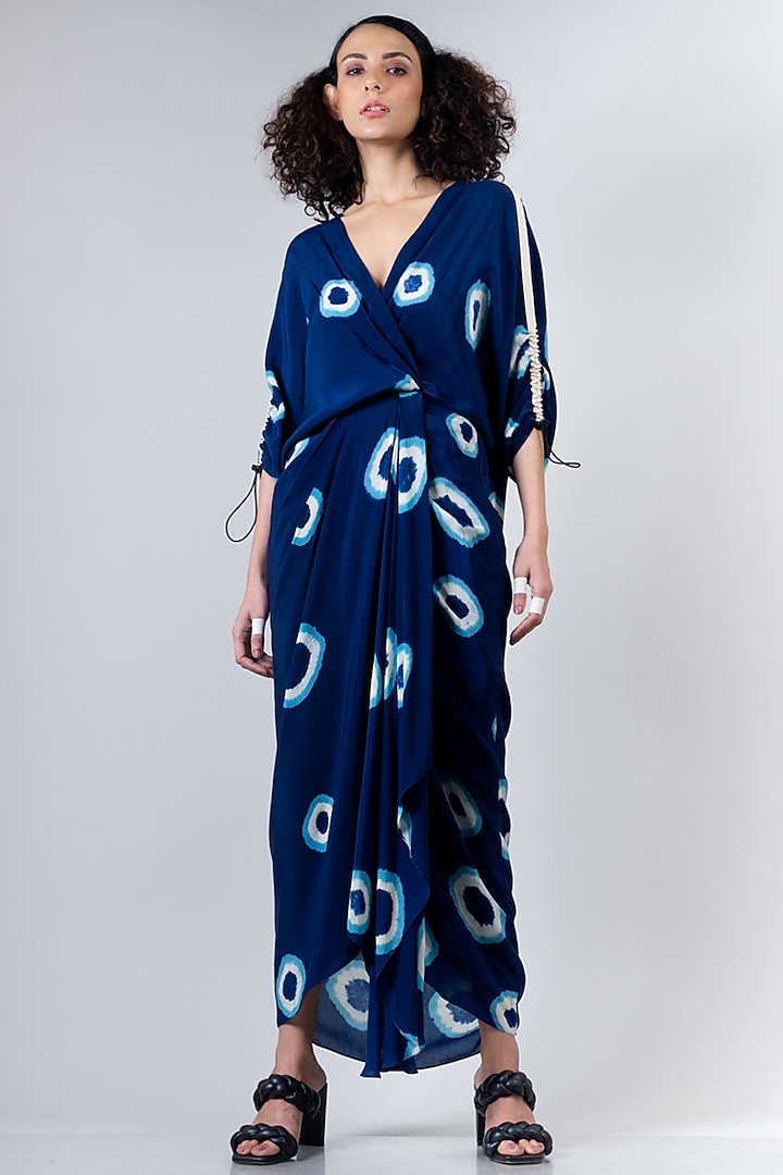 Blue Elasticated Dress With Polkas by Nupur Kanoi