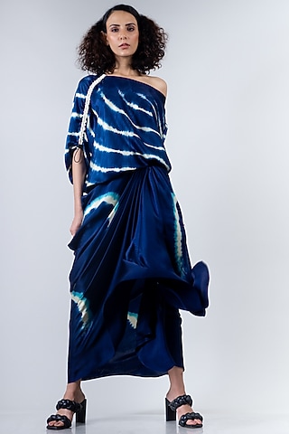 Blue Satin Gathered Cowl Skirt Set by Nupur Kanoi