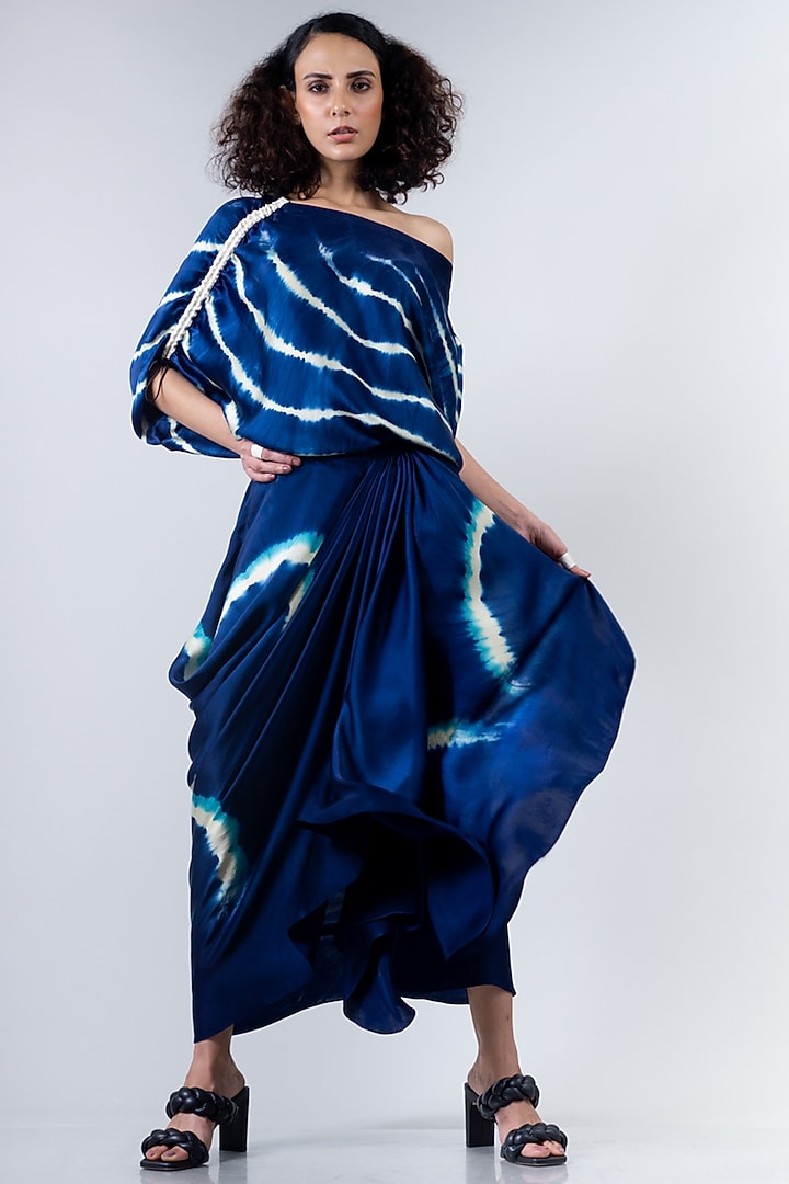 Blue Satin Gathered Cowl Skirt Set by Nupur Kanoi at Pernia's Pop Up Shop