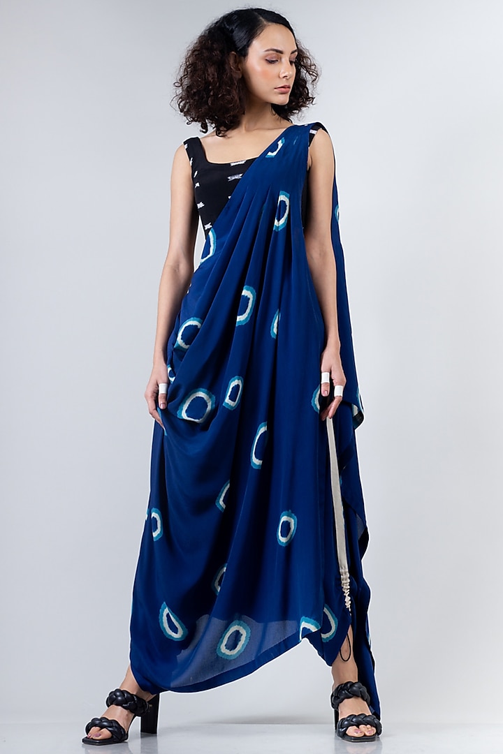 Blue & Black Tie-Dye Dhoti Saree Set by Nupur Kanoi