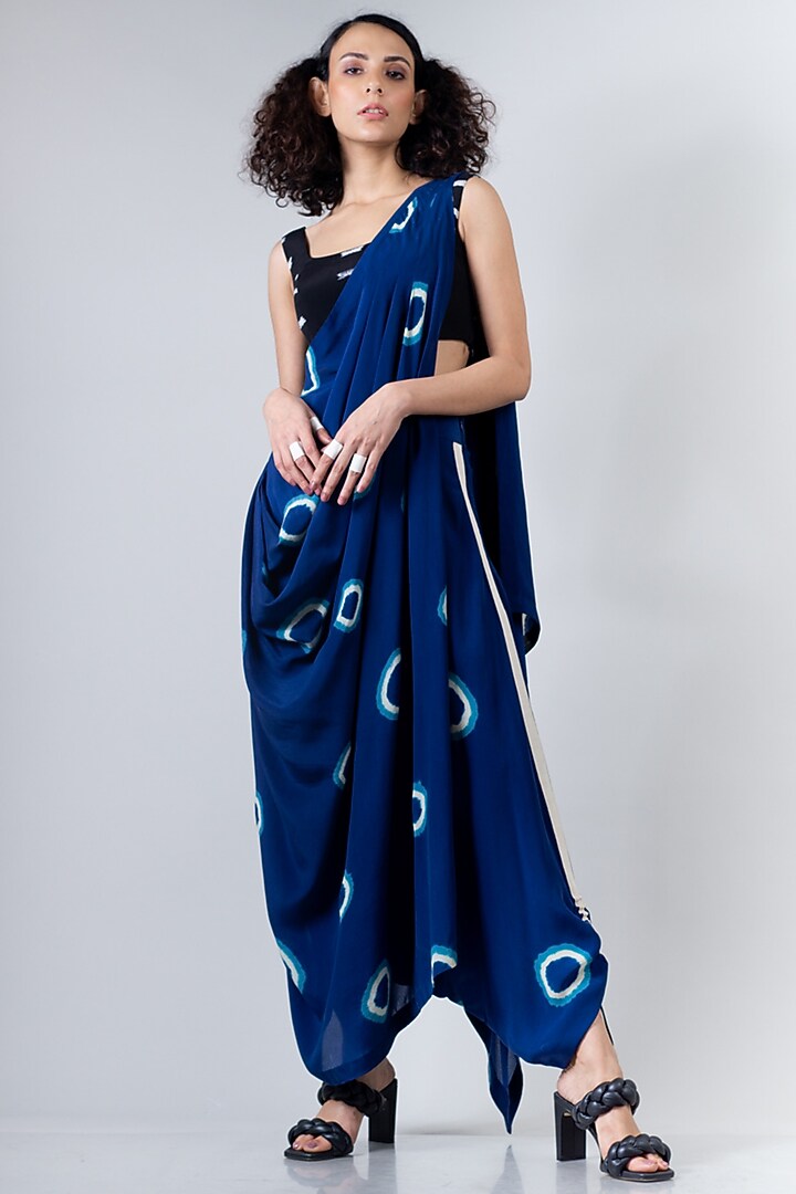 Blue & Black Crepe Tie & Dye Polka Dhoti Wedding Saree Set by Nupur Kanoi at Pernia's Pop Up Shop