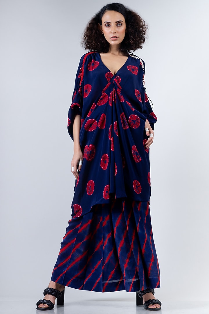 Blue & Red Shibori Dress With Lungi Design by Nupur Kanoi at Pernia's ...