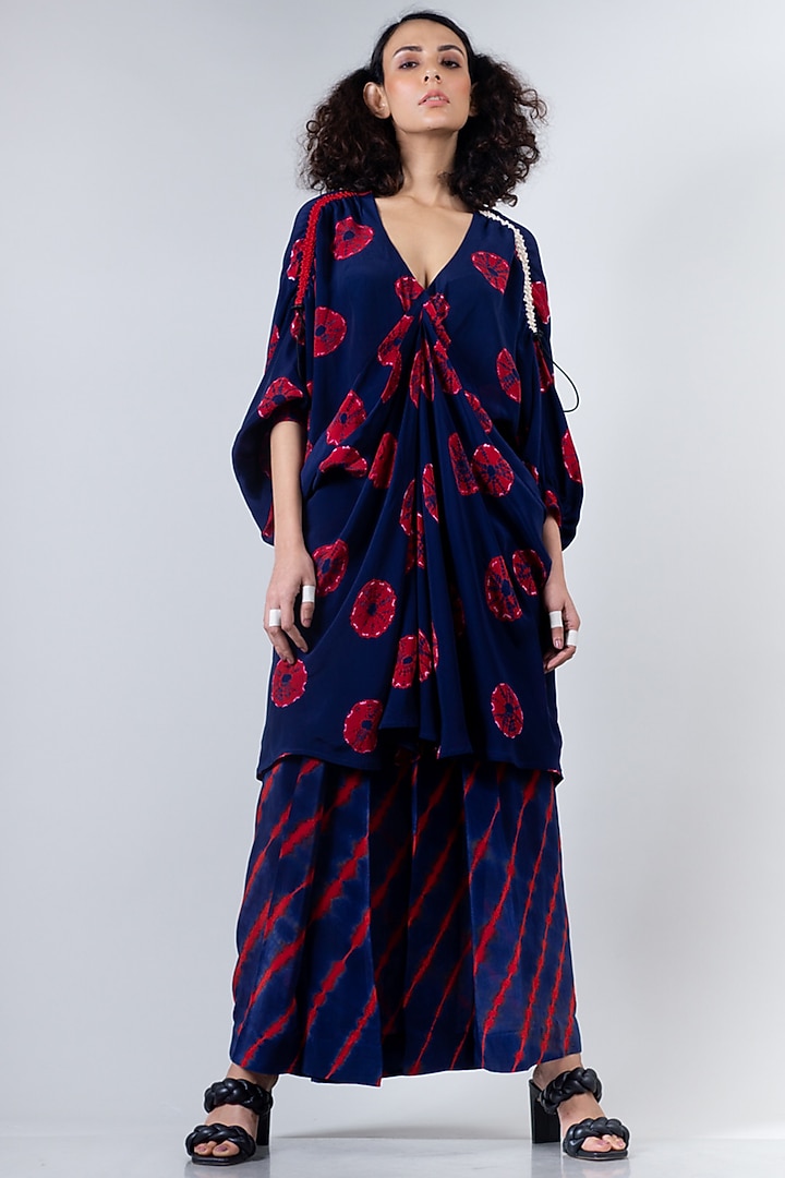 Blue & Red Crepe Shibori Cocktail Dress With Lungi by Nupur Kanoi at Pernia's Pop Up Shop