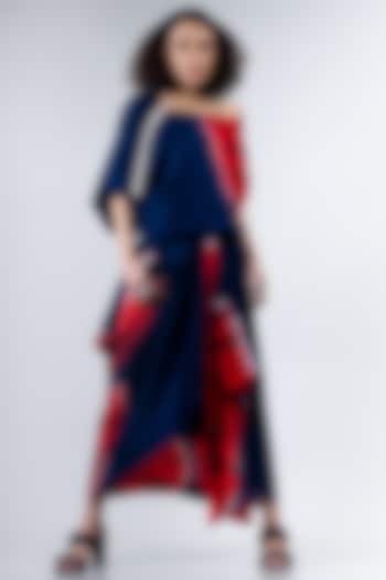 Blue & Red Cowl Skirt Set by Nupur Kanoi
