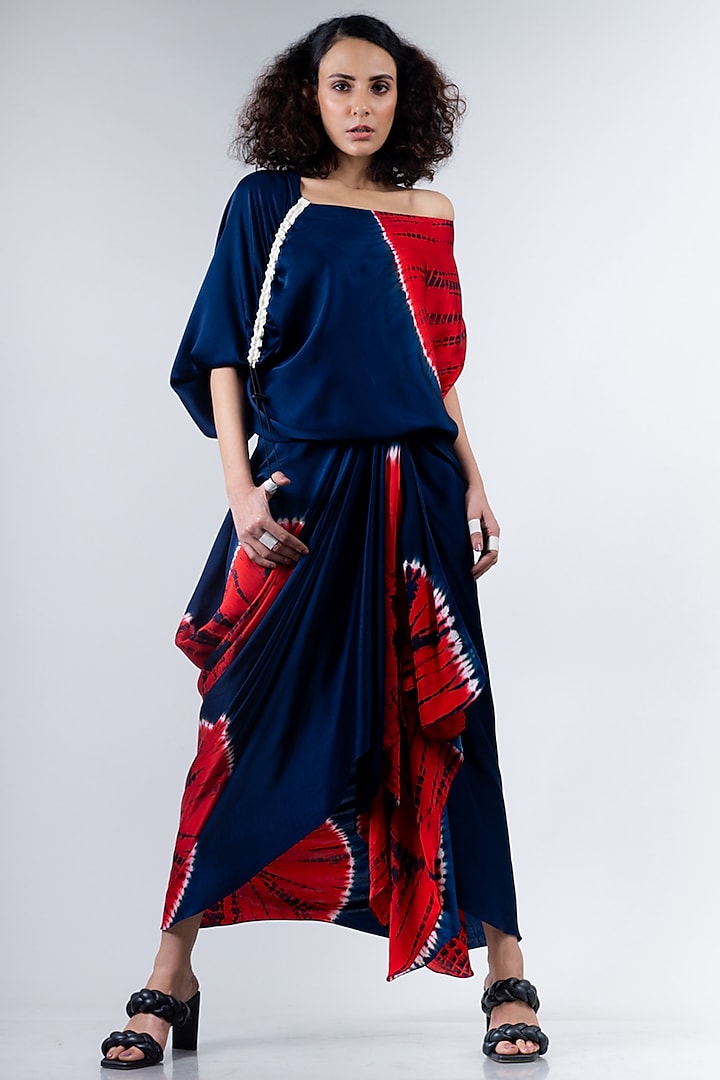 Blue & Red Cowl Skirt Set by Nupur Kanoi