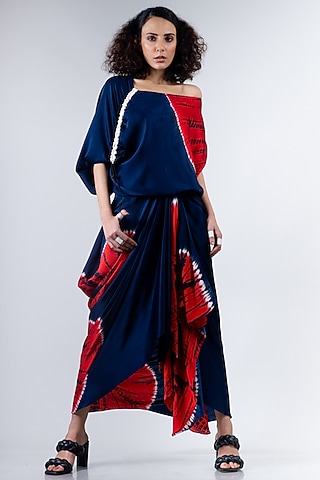 Blue & Red Satin Cowl Skirt Set by Nupur Kanoi