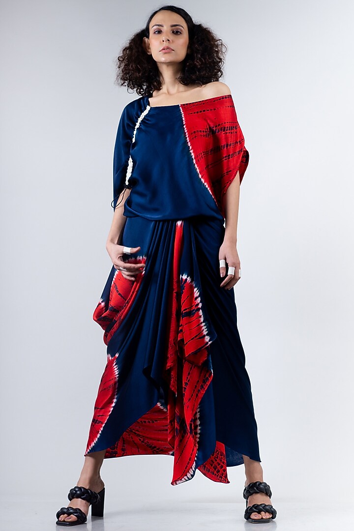 Blue & Red Satin Cowl Skirt Set by Nupur Kanoi at Pernia's Pop Up Shop