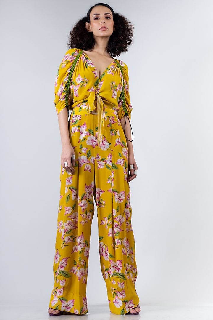 Yellow Printed Jumpsuit by Nupur Kanoi