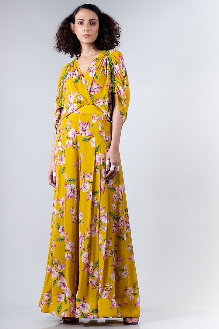 Yellow Floral Printed Jumpsuit by Nupur Kanoi
