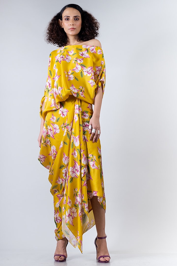 Yellow Satin Floral Printed Cowl Skirt Set by Nupur Kanoi