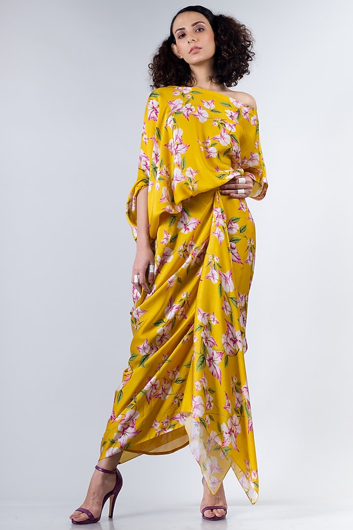 Yellow Satin Floral Printed Cowl Skirt Set by Nupur Kanoi at Pernia's Pop Up Shop