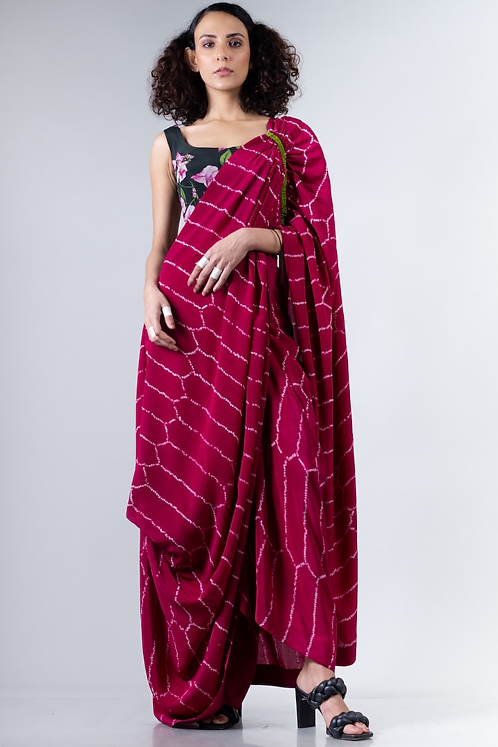 Beetroot Pink & Olive Green Cowl Saree Set by Nupur Kanoi