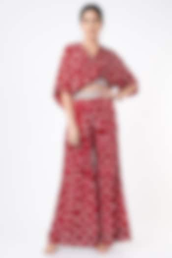 Burgundy Printed & Embroidered Kaftan Set by Nupur Kanoi at Pernia's Pop Up Shop