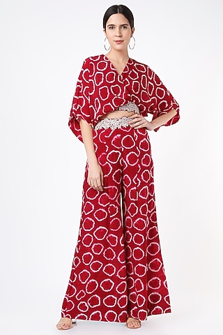 Burgundy Printed & Embroidered Kaftan Set by Nupur Kanoi