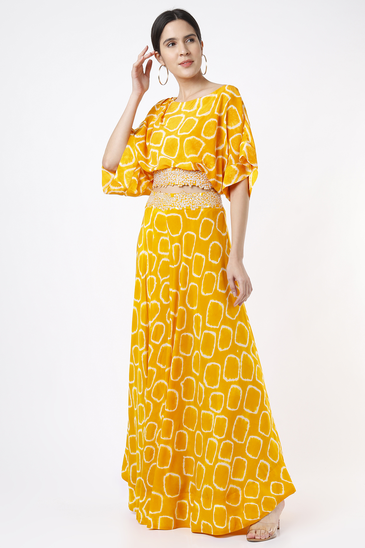 Mustard Bemberg Crepe Hand-Dyed Polka Printed Circular Pant Set by Nupur Kanoi at Pernia's Pop Up Shop