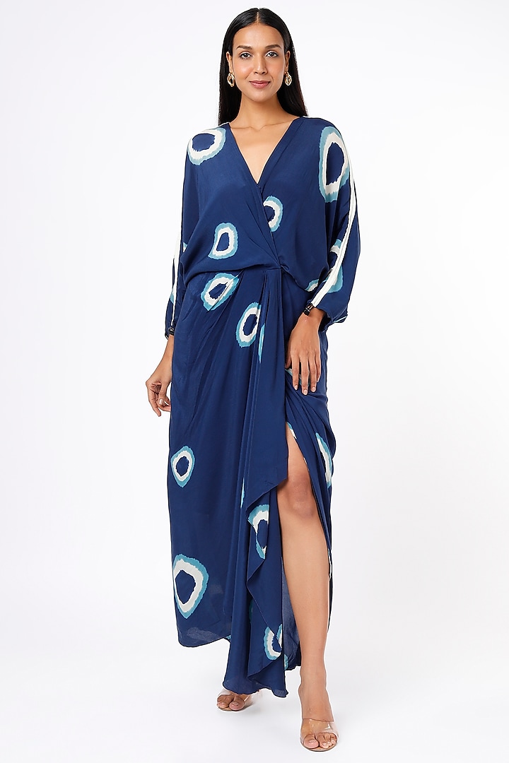 Blue Bemberg Crepe Polka Dot Printed Dress by Nupur Kanoi