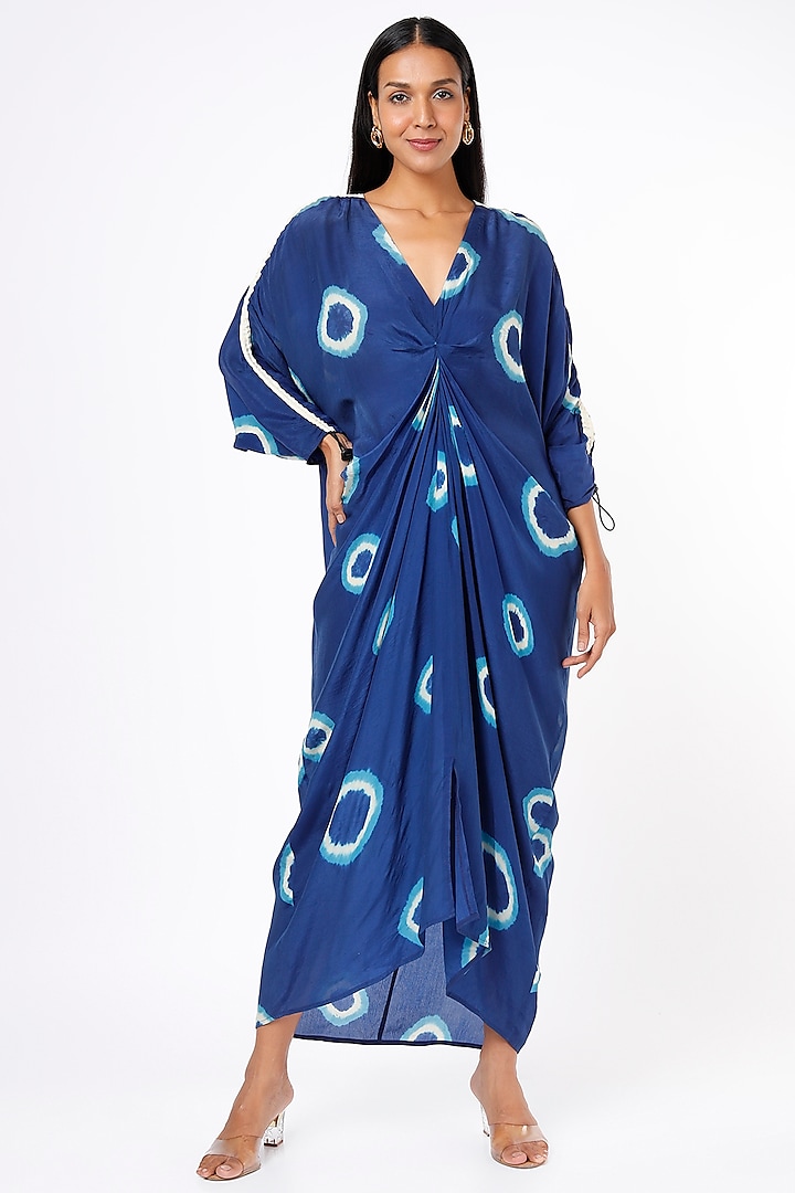 Blue Bemberg Crepe Polka Dot Printed Dress by Nupur Kanoi